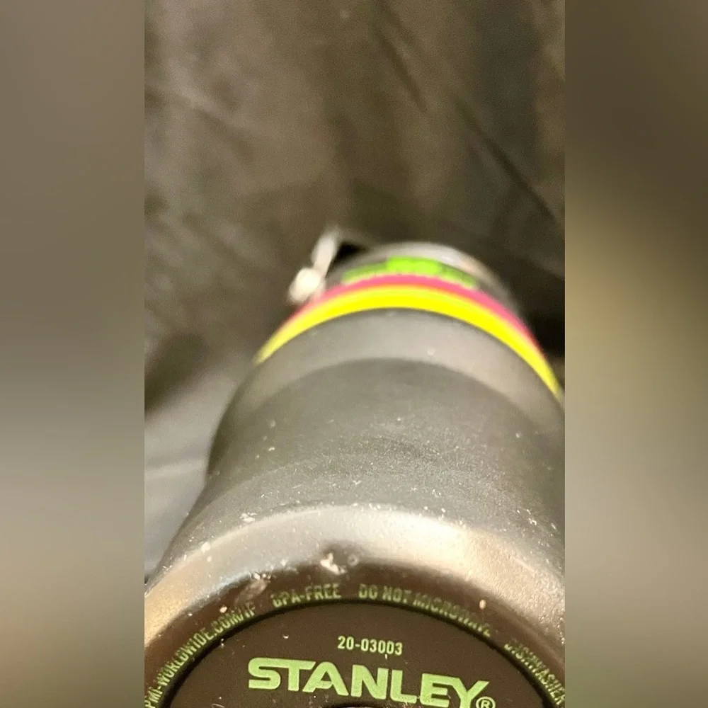 Stanley 30 Ounce Distressed Black Travel Mug with Rainbow of Neon Stripes Trendy - Picture 6 of 12